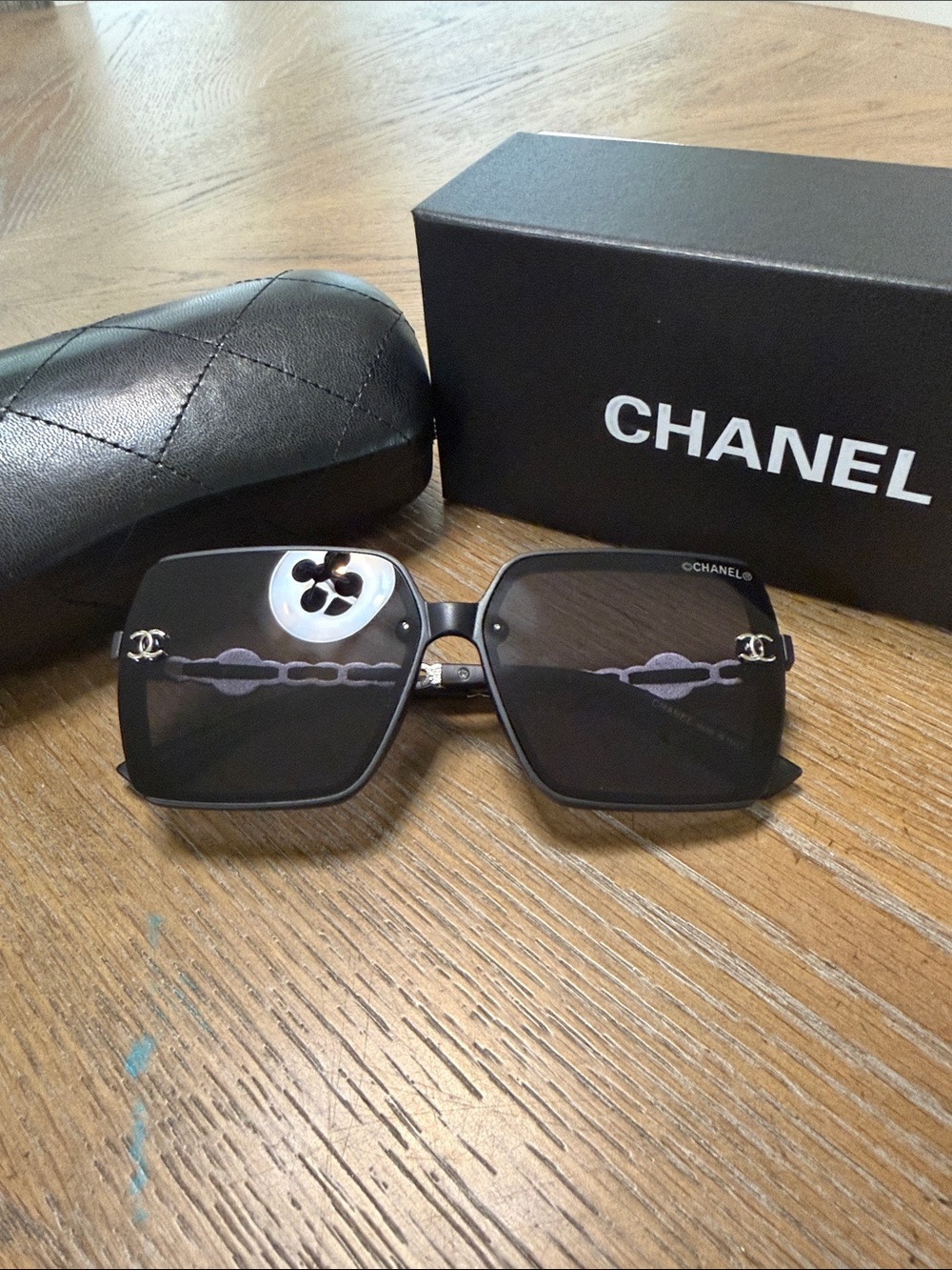 CHANEL Black & Silver Oversized Square Chain-Accent Sunglasses - Picture 3 of 9